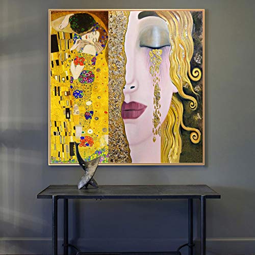 Gustav Klimt Kuss und Tränen Gold Home Wall Decor Leinwand Gemälde an der Wand Kunst Poster und Drucke Klimt berühmte Kunstbilder 80 x 80 cm (31 x 31 Zoll) mit Rahmen von ZHMANLUCK