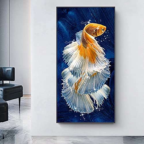 Koi Fisch Feng Shui Karpfen Lotus Teich Wohnzimmer Bilder Ölgemälde Auf Leinwand Gemälde und Drucke Gerahmte Wandkunst Bilder 50x105cm (20x41in) Mit Rahmen von ZHMANLUCK