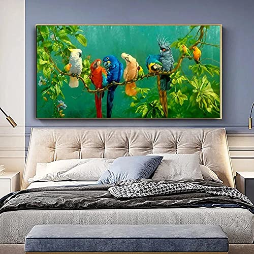 Moderne Dekoration Kunst Papagei Vogel Zweig Holz Landschaft Ölgemälde Leinwand Leinwand Poster Wandbild Wohnzimmer 55x110cm (22x43in) Mit Rahmen von ZHMANLUCK