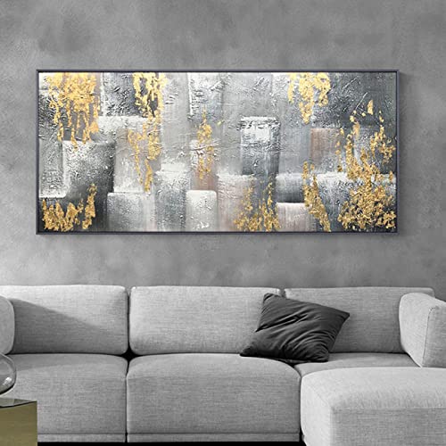 Moderne abstrakte extragroße Heimbüro-Dekor-Gemälde, Ölgemälde, Landschaftsmalerei auf Leinwand, Kunst, Graugoldfolie, Kunstwerk, 86 x 175 cm/(34 x 69 Zoll) mit schwarzem Rahmen von ZHMANLUCK