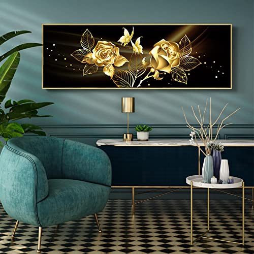 Moderne große abstrakte goldene Blumen-Leinwand-Malerei, Poster und Druck, Wandkunst, Bilder für Wohnzimmer, Heimdekoration, 50 x 150 cm (20 x 59 Zoll) mit Rahmen von ZHMANLUCK