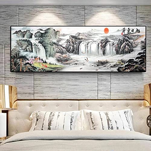 Modernes chinesisches Chaoyang-Wasserfall-Leinwandgemälde, Poster und gedruckte Wandkunst, großes Bild, Wohnzimmer, Heimdekoration, 55 x 165 cm (22 x 65 Zoll) mit Rahmen von ZHMANLUCK