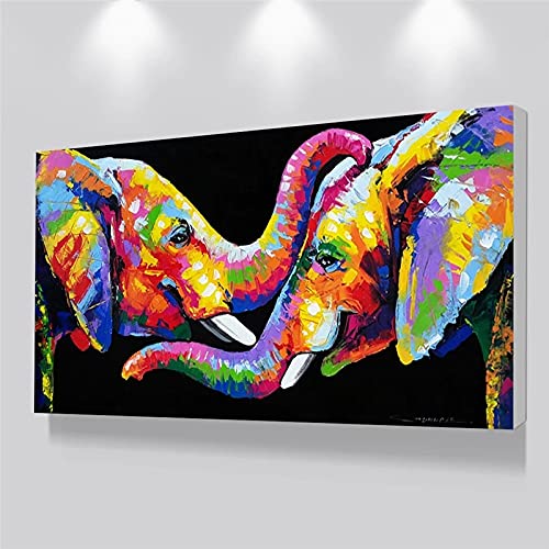 Paar Elefanten gerahmte Bilder für Wohnzimmer – abstrakte Tiere bunte Elefanten Leinwand Gemälde Wandkunst Poster 70 x 115 cm (27,6 x 45,3 Zoll) mit Rahmen von ZHMANLUCK