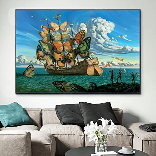 ZHMANLUCK Salvador Dali Schiff mit Schmetterling Insekt HD-Druck Leinwand Gemälde Poster und Drucke gerahmt Wandkunst Bild für Wohnzimmer 80 x 125 cm (32 x 49 Zoll) mit Rahmen von ZHMANLUCK