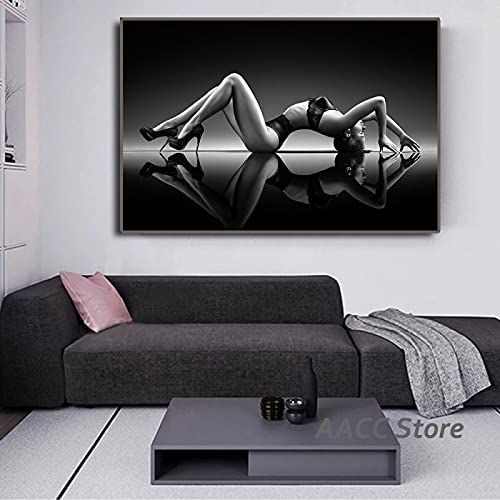 Übergroßes schwarz-weißes Mode-Poster High Heels Frau Leinwanddruck Gemälde großes gerahmtes Vintage-Bild Wohnkultur 100 x 200 cm/(39 x 78 Zoll) mit schwarzem Rahmen von ZHMANLUCK