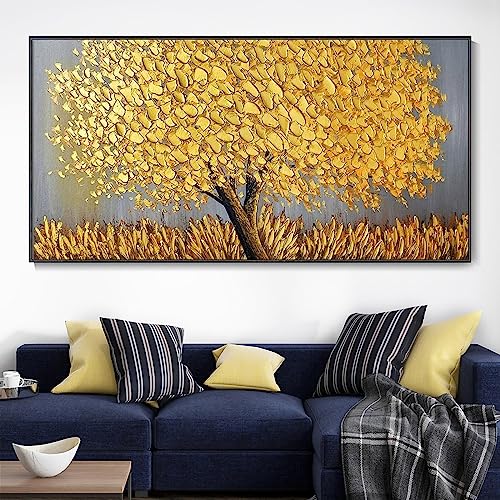 ZHMANLUCK Goldener Baum, abstraktes großes Gemälde auf Leinwand, Wandkunst, Wohnzimmer-Dekoration, 100 x 200 cm/(39 x 78 Zoll) mit Schwarzem Rahmen von ZHMANLUCK