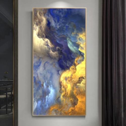 ZHMANLUCK Goldener und blauer abstrakter Wolkendruck, Wandkunst, Leinwandgemälde, Poster und Druck, Wandkunstbild für Wohnzimmer, Heimdekoration, 100 x 200 cm/(39 x 79 Zoll) mit goldenem Rahmen von ZHMANLUCK