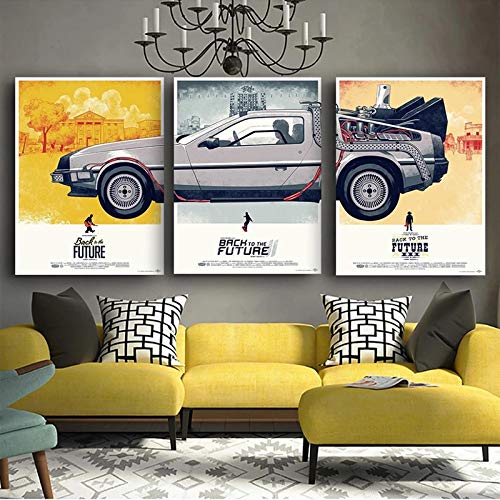 Zurück in die Zukunft Auto Home Wohnzimmer Leinwand Malerei Poster und Drucke Wandkunst Bilder für die Wanddekoration 60x80cm(24x32in)x3 mit Rahmen von ZHMANLUCK