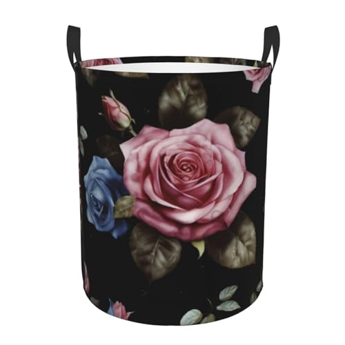 Runder Wäschekorb/schwarze schwarze Rose/faltbarer Aufbewahrungskorb für schmutzige Kleidung, mit Griffen, wasserabweisend, für Schlafzimmer, Badezimmer, Aufbewahrungskörbe, 50 x 40 cm von ZHONGSK