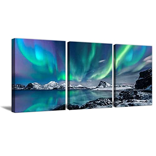 ZHONGYUTONG 3 Stück Kunstdruck auf Leinwand Aurora Bilder Gemälde Natur Nordlicht Poster Wanddekoration für Wohnzimmer Schlafzimmer Büro (Gerahmt 30x40cmx3 Teiliges) von ZHONGYUTONG