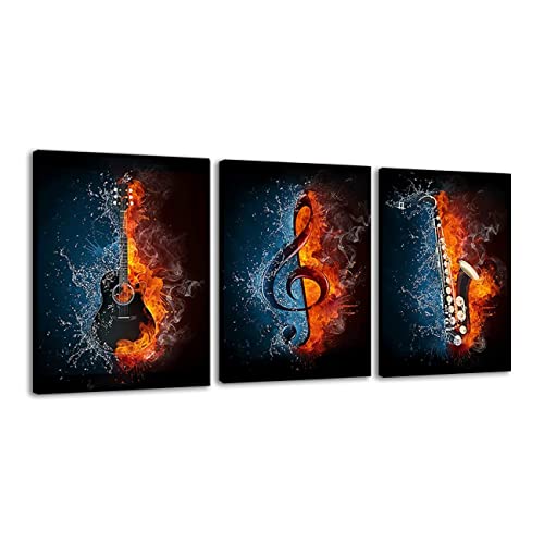 ZHONGYUTONG 3 Stück Musik Wand Kunstdruck Gerahmt Wasser und Feuer Instrumentenserie Bild Musiknote Gitarre Saxophon Poster Skandinavische Gemälde Moderne Wohnkultur (30x40cmx3 Stück) von ZHONGYUTONG