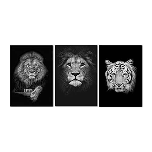 ZHONGYUTONG 3 Stück Schwarz Weiß Tier Leinwand Kunstdruck Tiger Löwen Gemälde Bild Poster für Wohnzimmer Schlafzimmer Heimdekoration (Kein Rahmen, 30x40cmx3 Teilig) von ZHONGYUTONG