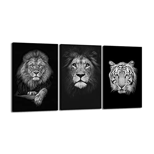 ZHONGYUTONG 3 Stück Schwarz Weiß Tier Leinwand Kunstdruck Tiger Löwen Gemälde Bild Poster für Wohnzimmer Schlafzimmer Heimdekoration (Rahmen, 20x25cmx3 Teilig) von ZHONGYUTONG