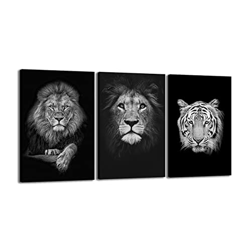 ZHONGYUTONG 3 Stück Schwarz Weiß Tier Leinwand Kunstdruck Tiger Löwen Gemälde Bild Poster für Wohnzimmer Schlafzimmer Heimdekoration (Rahmen, 30x40cmx3 Teilig) von ZHONGYUTONG