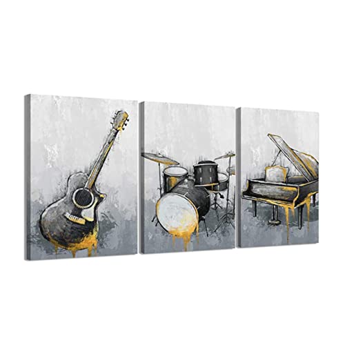 ZHONGYUTONG 3-teiliger Musik Wand Kunstdruck mit Rahmen Gitarre Klavier Trommel Musikinstrument Bild Leinwand Poster Jahrgang Gemälde für Klassenzimmer Dekoration (30x40cmx3 Stück) von ZHONGYUTONG