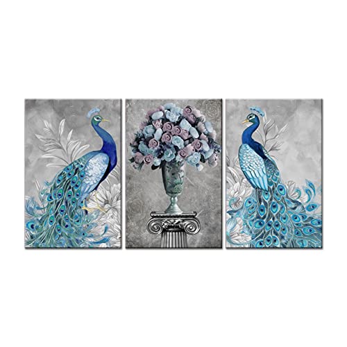 ZHONGYUTONG 3-teiliges Pfauenpaar Kunstdruck Blaue und Rosa Blume Leinwand Gemälde Tier Bild Poster für Wohnzimmer Schlafzimmer Dekor (Kein Rahmen, 60x90cmx3 Stück) von ZHONGYUTONG