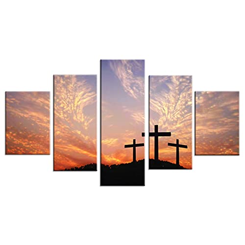 ZHONGYUTONG 5 Stück Christian Kreuz Sonnenuntergang Leinwand Wandbild Religiöse Gemälde Kunstdruck Poster für Wohnzimmer Heimdekoration (100x55cm, Kein Rahmen) von ZHONGYUTONG