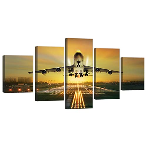 ZHONGYUTONG 5 Stück Flugzeug Kunstdruck Flughafen Start Leinwand Bild Flugzeug Poster Malerei Wand für Wohnzimmer Wohnkultur (100x55cm, Rahmen) von ZHONGYUTONG