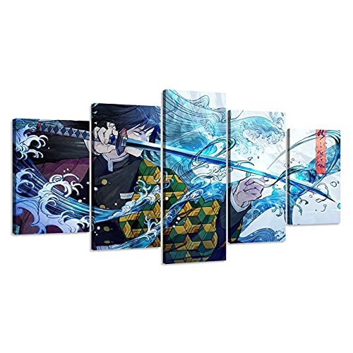 ZHONGYUTONG 5 Teilig Leinwandbild mit Rahmen Demon Slayer Poster Kimetsu Japanische Anime Figur Tanjiro Kunstdrucke HD Gemälde für Wohnzimmerdekoration (100x55cm) von ZHONGYUTONG