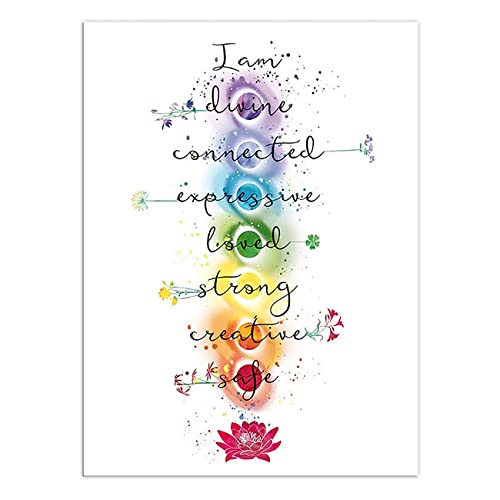 ZHONGYUTONG 7 Chakra Zitate auf Leinwand Kunstdruck Yoga Zen Wandposter Lotus Blume Gemälde Spirituelles Bild für Büro Badezimmer Wanddekoration (30x45cm Kein Rahmen) von ZHONGYUTONG