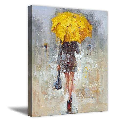 ZHONGYUTONG Abstraktes Wandbild auf Leinwand Mädchen Weg mit gelbem Regenschirm Regnerisch Gemälde Frauen Kunstdruck für Wohnzimmer Schlafzimmer Badezimmer Dekor (40x60cm Rahmen) von ZHONGYUTONG