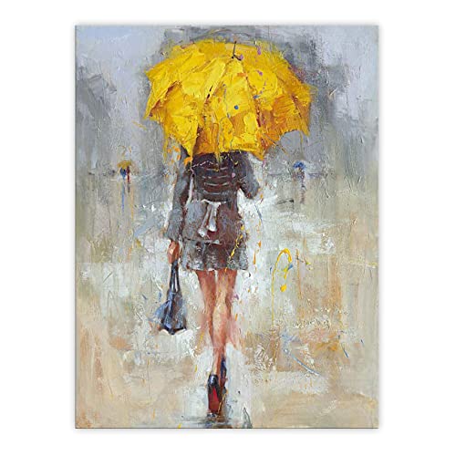 ZHONGYUTONG Abstraktes Wandbild auf Leinwand Mädchen Weg mit gelbem Regenschirm Regnerisch Gemälde Frauen Kunstdruck für Wohnzimmer Schlafzimmer Badezimmer Dekor (60x90cm Kein Rahmen) von ZHONGYUTONG