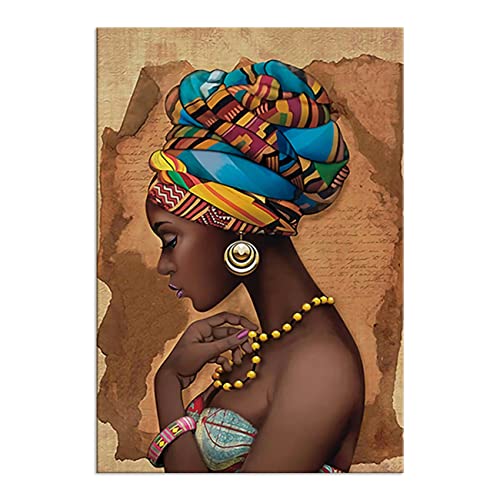 ZHONGYUTONG Afrikanisches Wand Bild Schwarze Frau mit buntem Kopftuch Leinwandbild Schwarzes Mädchen Seitenschminken Poster für Wohnzimmer (40x60cm, Kein Rahmen) von ZHONGYUTONG