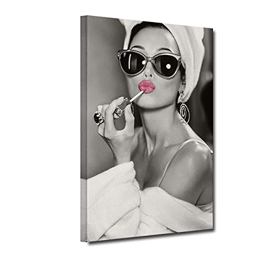 ZHONGYUTONG Audrey Hepburn Leinwandbild mit Rahmen Rosa Lippenstift Wand Gemälde Schwarz Weiß Kunstdruck Moderne Wanddekoration für Wohnzimmer Schlafzimmer (80x120cm) von ZHONGYUTONG