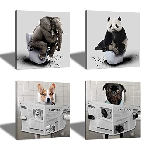 ZHONGYUTONG Badezimmer Wand Kunstdruck Gerahmt Elefant Panda Corgi Mops in der Toilette Leinwandposter 4-teilig Lustiges Tier Bild Gemälde für Toilette Waschraum Dekoration (20x20cmx4 Stück) von ZHONGYUTONG