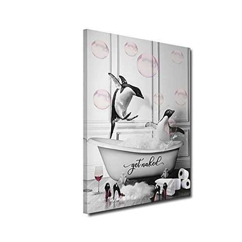 ZHONGYUTONG Badezimmer Wandbilder-Pinguine in der Badewanne mit Rosa Blasen lustige Tiere Bild Wanddekoration Gerahmt Schwarz Weiß Leinwandbilder Gemälde für Badezimmer (60x90cm) von ZHONGYUTONG