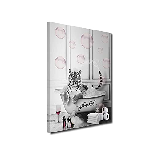 ZHONGYUTONG Badezimmer Wandbilder-Tiger in einer Wanne mit Rosa Blasen Kunstdruck Gerahmt lustige Tiere Bilder auf Leinwand Schwarz Weiß Malerei Wanddekoration für Zuhause (40x60cm) von ZHONGYUTONG