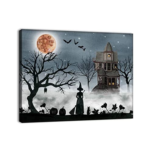 ZHONGYUTONG Halloween Wand Kunstdruck Hexen Silhouette im Vollmond Bilder für die Wand Spukhaus Szene Leinwand Poster Gemälde für Schlafzimmer Wohnzimmer (40x60cm Rahmen) von ZHONGYUTONG