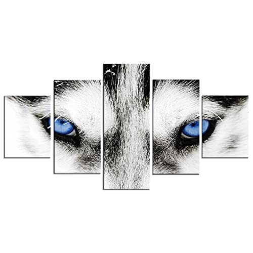 ZHONGYUTONG Husky Leinwandbilder 5-teilig Schwarz Weiß Wolf Blaue Augen Poster und Kunstdruck Tiergemälde für Wohnzimmer Heimdekoration (100x55cm, Kein Rahmen) von ZHONGYUTONG