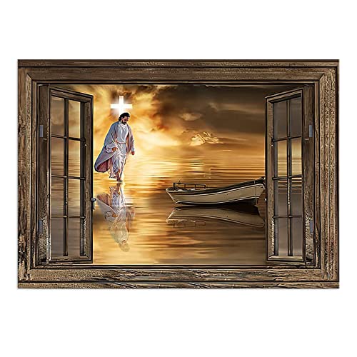 ZHONGYUTONG Jesus Leinwandbild Gott der auf dem Wasser geht Kunstdruck Wanddekoration Christus Kreuz Fenstermalerei inspirierendes Porträt Poster (40x60cm, Kein Rahmen) von ZHONGYUTONG