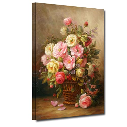 ZHONGYUTONG Klassische Rosen Blumenkorb Bilder auf Leinwand Blumen Gemälde Kunstdruck für Wohnzimmer Heimdekoration (30x45cm, Gerahmt) von ZHONGYUTONG