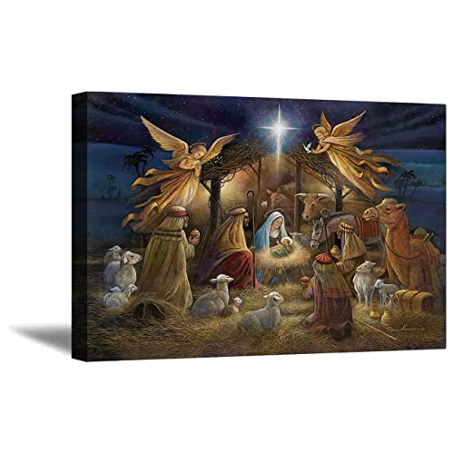 ZHONGYUTONG Krippe Kunstdruck auf Leinwand Weihnachten Jesus in der Krippe Poster Jungfrau Maria Joseph Religiöse Gemälde Wanddekoration für Wohnzimmer Schlafzimmer (40x60cm, Gerahmt) von ZHONGYUTONG