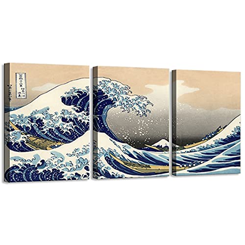 ZHONGYUTONG Kunstdruck auf Leinwand Gerahmt 3-teilig Katsushika Hokusai Great Wave Off Poster Kanagawa Ansichten des Berges Fuji Gemälde Wandbild (60x90cmx3 Stück) von ZHONGYUTONG