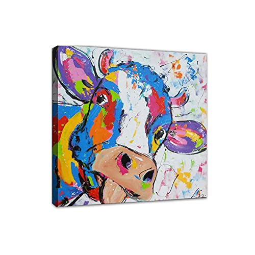 ZHONGYUTONG Kunstdruck auf Leinwand mit lustigen Tieren und Rahmen Bunte Kuh in Regenbogenfarben Gemälde Dekoration Abstraktes Wandbild für Zuhause Wohnzimmer Schlafzimmer (40x40cm) von ZHONGYUTONG