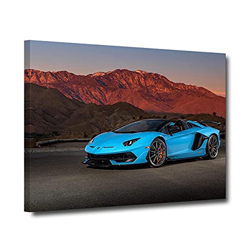 ZHONGYUTONG Lamborghini Aventador SVJ Leinwand Poster Blau Geschwindigkeits Sportwagen Bild mit Rahmen Bergstraßen Kunstdruck für Wohnzimmer Schlafzimmer Heimdekoration (50x75cm) von ZHONGYUTONG