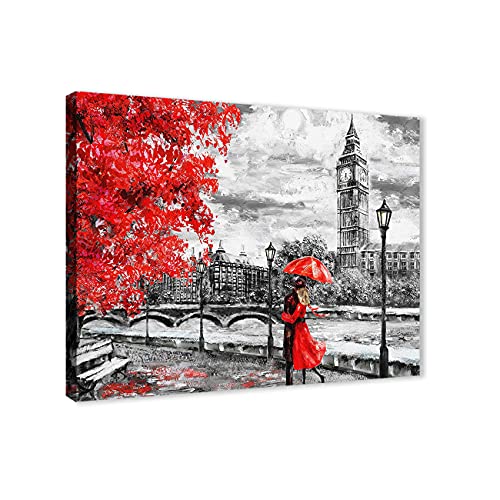 ZHONGYUTONG London Kunstdruck auf Leinwand Gerahmt Big Ben Rot Regenschirm Gemälde Schwarz Weiß Straßenansicht Wandbild Romantische Heimdekoration für Wohnzimmer Schlafzimmer (80x120cm) von ZHONGYUTONG