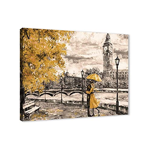 ZHONGYUTONG London Kunstdruck auf Leinwand mit Rahmen Big Ben Gelb Regenschirm Gemälde Schwarz Weiß Straßenansicht Wandbild Romantische Wohnkultur für Wohnzimmer Schlafzimmer (80x120cm) von ZHONGYUTONG