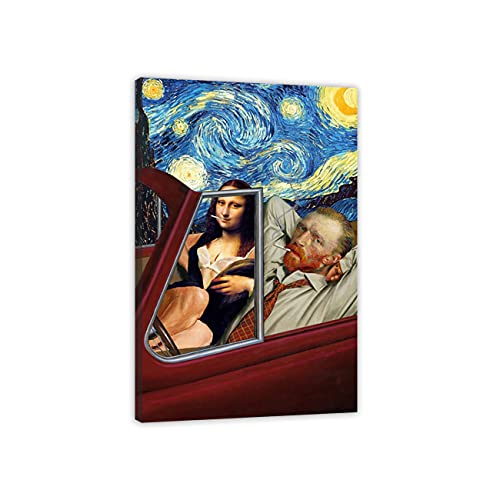 ZHONGYUTONG Lustiger Van Gogh und Mona Lisa Fahrender Kunstdruck auf Leinwand mit Rahmen Moderne Wandbilder Poster für Wohnzimmer Heimdekoration (40x60cm) von ZHONGYUTONG