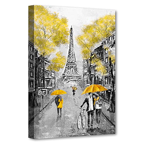 ZHONGYUTONG Paris Wanddekoration mit Rahmen Schwarz Weiß Eiffelturm Straßenmalerei Paris Ikonische Gebäude Bild auf Leinwand Romantischer Wandkunstdruck für Wohnzimmer Schlafzimmer (Gelb, 30x45cm) von ZHONGYUTONG