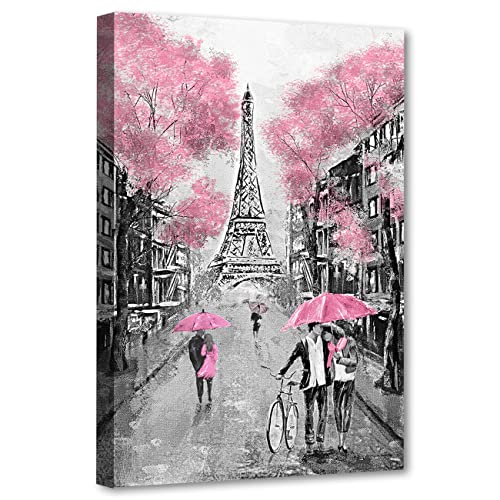 ZHONGYUTONG Paris Wanddekoration mit Rahmen Schwarz Weiß Eiffelturm Straßenmalerei Paris Ikonische Gebäude Bild auf Leinwand Romantischer Wandkunstdruck für Wohnzimmer Schlafzimmer (Rosa, 40x60cm) von ZHONGYUTONG