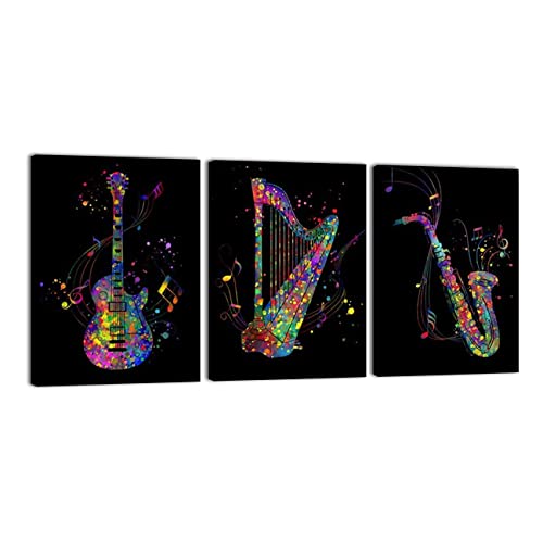 ZHONGYUTONG Saxophon Gitarre und Harfen mit Musiknoten Musikinstrument Leinwand Kunstdruck mit Rahmen 3-teilig Gemälde Poster Bild Abstrakte Musik Wanddekoration (30x40cmx3 Stück) von ZHONGYUTONG