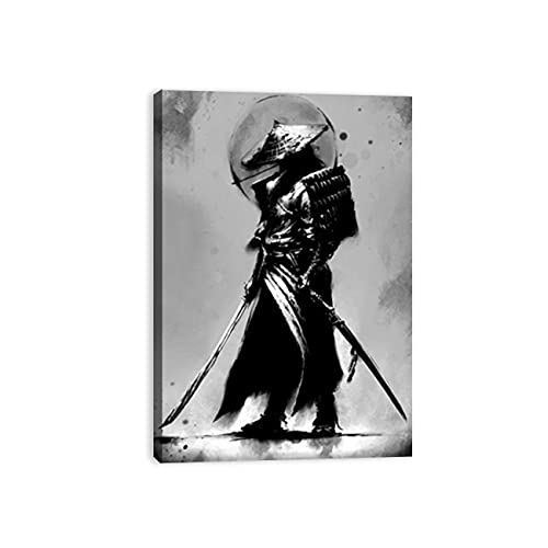 ZHONGYUTONG Schwarz Weiß Japan Samurai Porträt Leinwandposter mit Rahmen Japanische Wanddekoration Leinwandbilder Kunstdruck für Wohnzimmer (50x75cm) von ZHONGYUTONG