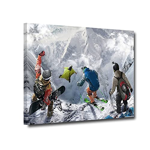 ZHONGYUTONG Skifahren Kunstdruck Extremsport Leinwand Poster Snowboard Bild Schnee Berg Landschaft Gemälde für Wohnzimmer Schlafzimmer Dekor (Rahmen, 30x45cm) von ZHONGYUTONG