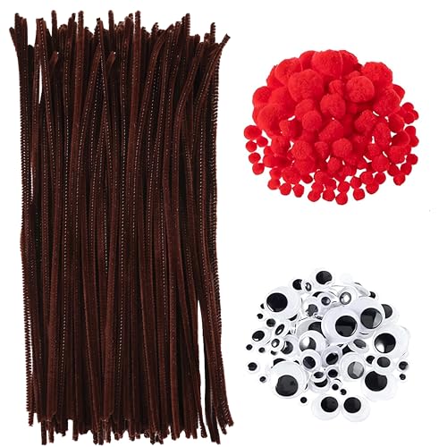400 Pfeifenreiniger in Braun - Set mit Chenilledraht und Pompons - DIY Pfeifenputzer für Handgemachte Weihnachtskreationen (Rot) von ZHOUHON