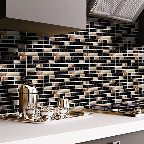 Fliesenaufkleber Braun Gold Schwarz Küchenrückwand Selbstklebend PVC Klebefliesen Wasserdicht Fliesenaufkleber Bad Küche Verdickung Fliesenfolie Dauerhaft Mosaikfliesen 10x20cm/54 pcs von ZHOUHONG