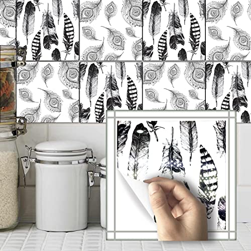 Fliesenaufkleber Feder Schwarz Weiß Mosaikfliesen PVC Klebefliesen Bad Wasserdicht Küchenrückwand Folie Küchenrückwand Selbstklebend Dauerhaft Fliesenfolie 15x15cm/10 Pcs von ZHOUHONG